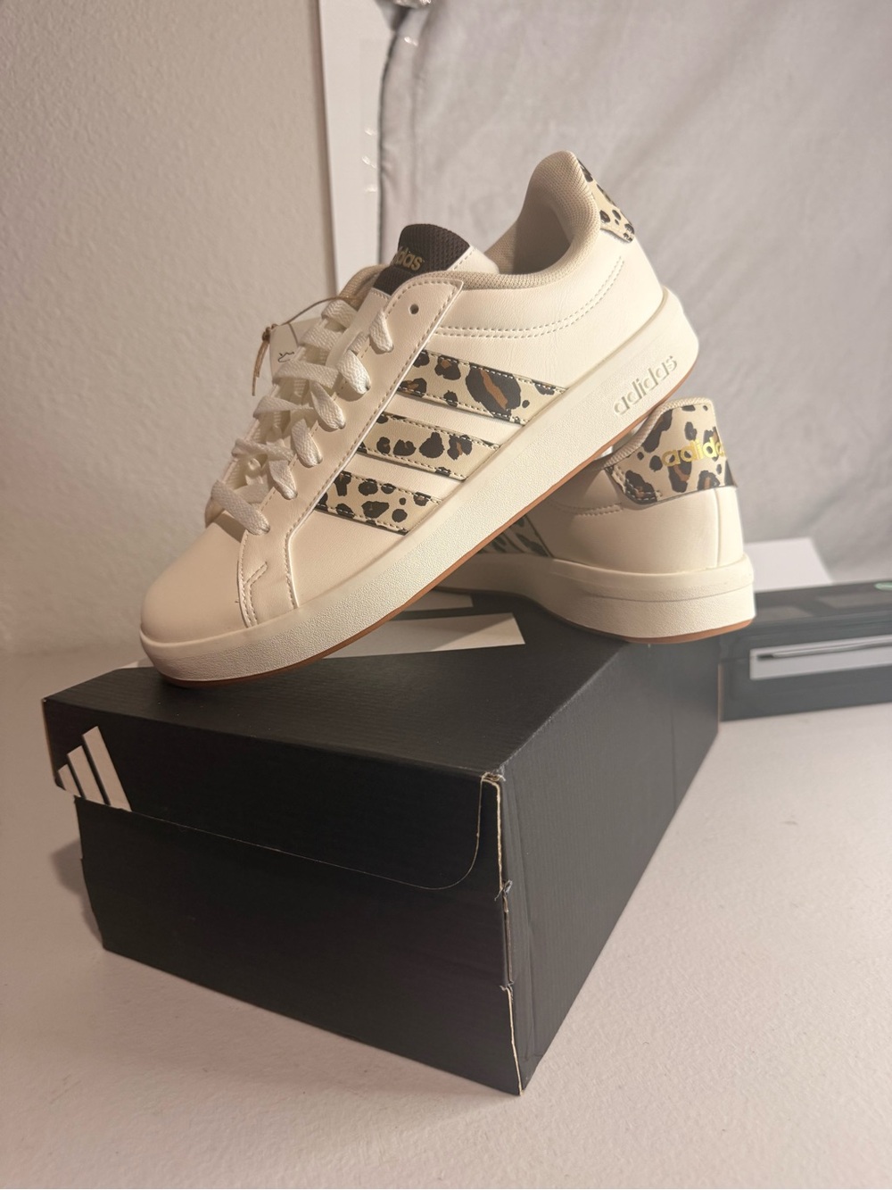 adidas Women’s Cream Sneakers with Leopard Print Accents